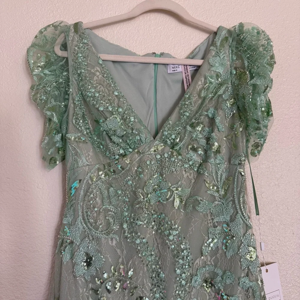 Mac Duggal Size 8 Mint Green 68266 Puff Sleeve V-Neck Embellished Midi Dress New - Picture 6 of 15